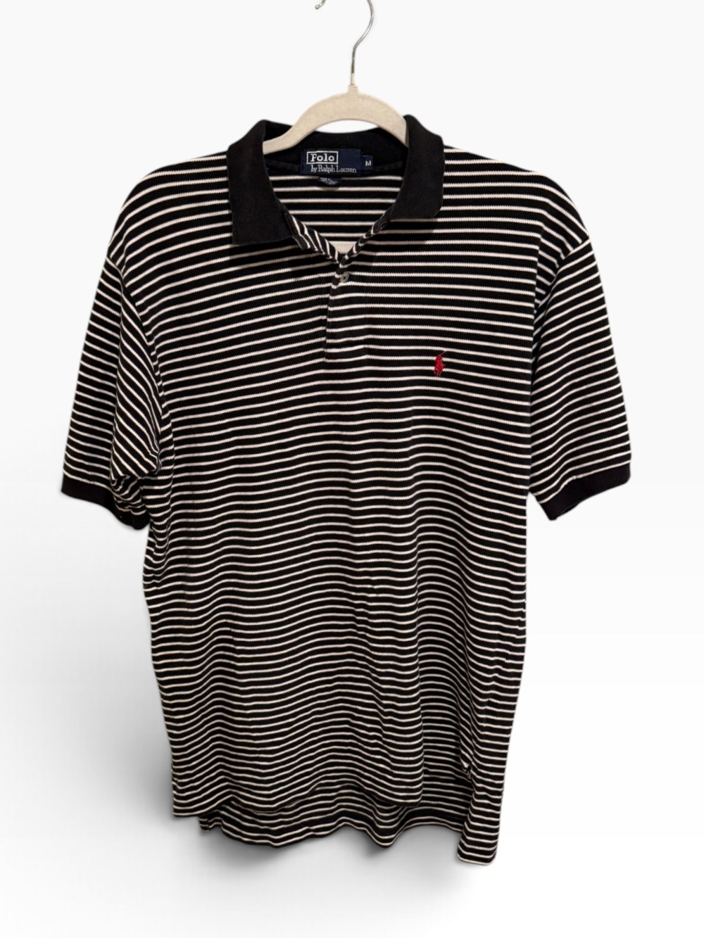 Ralph Lauren Black and White Striped Polo with Red Pony 100% Cotton - Size M